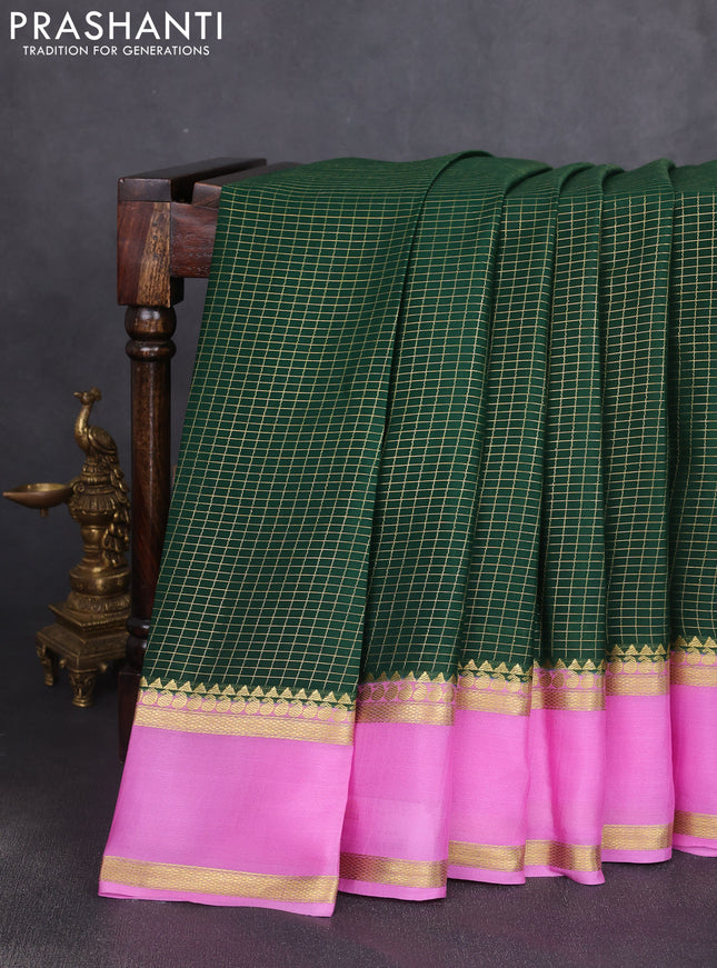 Pure mysore silk saree green and lotus pink with allover zari woven checked pattern and rettapet zari woven border