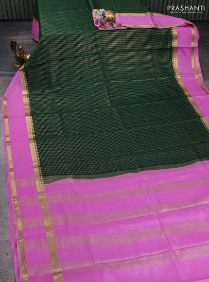 Pure mysore silk saree green and lotus pink with allover zari woven checked pattern and rettapet zari woven border