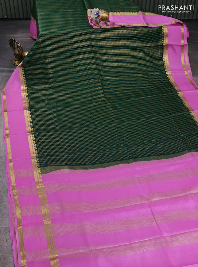 Pure mysore silk saree green and lotus pink with allover zari woven checked pattern and rettapet zari woven border