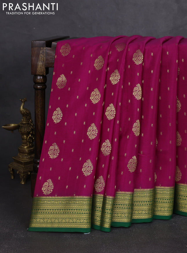 Pure mysore silk saree magenta pink and green with allover zari woven buttas and zari woven border