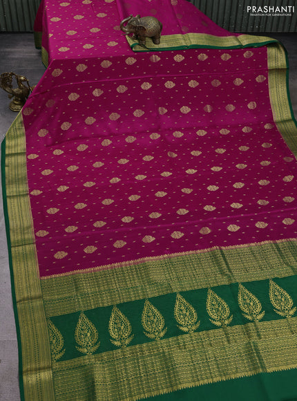Pure mysore silk saree magenta pink and green with allover zari woven buttas and zari woven border
