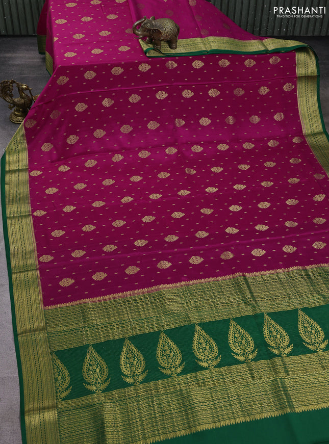 Pure mysore silk saree magenta pink and green with allover zari woven buttas and zari woven border
