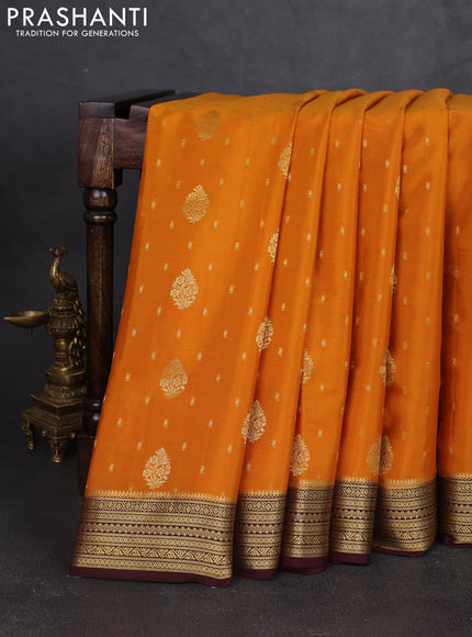 Pure mysore silk saree mustard yellow and coffee brown with allover zari woven buttas and zari woven border