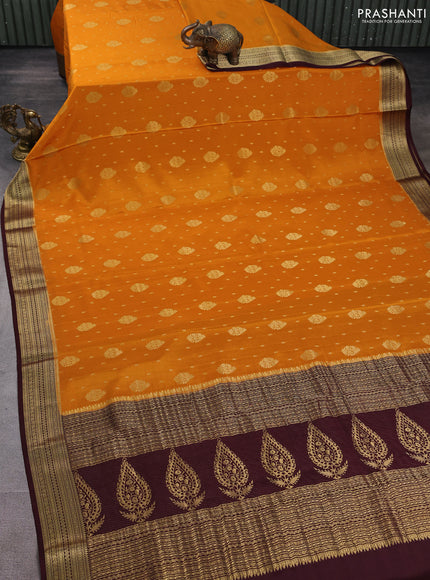 Pure mysore silk saree mustard yellow and coffee brown with allover zari woven buttas and zari woven border