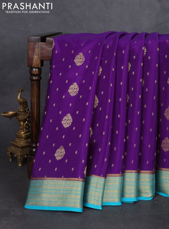 Pure mysore silk saree purplr and teal green with allover zari woven buttas and zari woven border