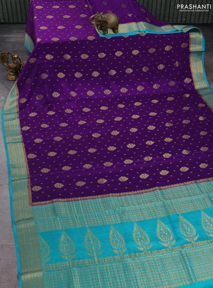 Pure mysore silk saree purplr and teal green with allover zari woven buttas and zari woven border
