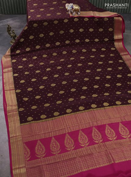 Pure mysore silk saree coffee brown and pink with allover zari woven buttas and zari woven border