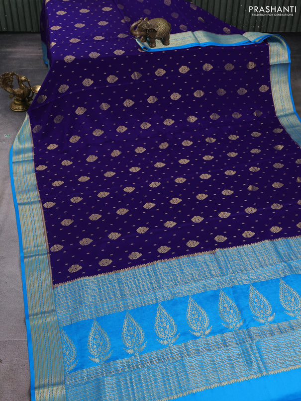 Pure mysore silk saree blue and cs blue with allover zari woven buttas and zari woven border
