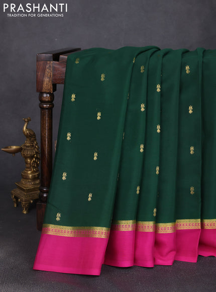 Pure mysore silk saree bottle green and pink with allover zari woven buttas and zari woven simple border