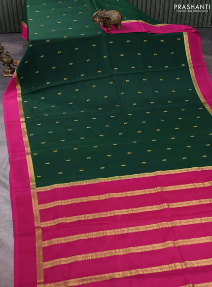 Pure mysore silk saree bottle green and pink with allover zari woven buttas and zari woven simple border