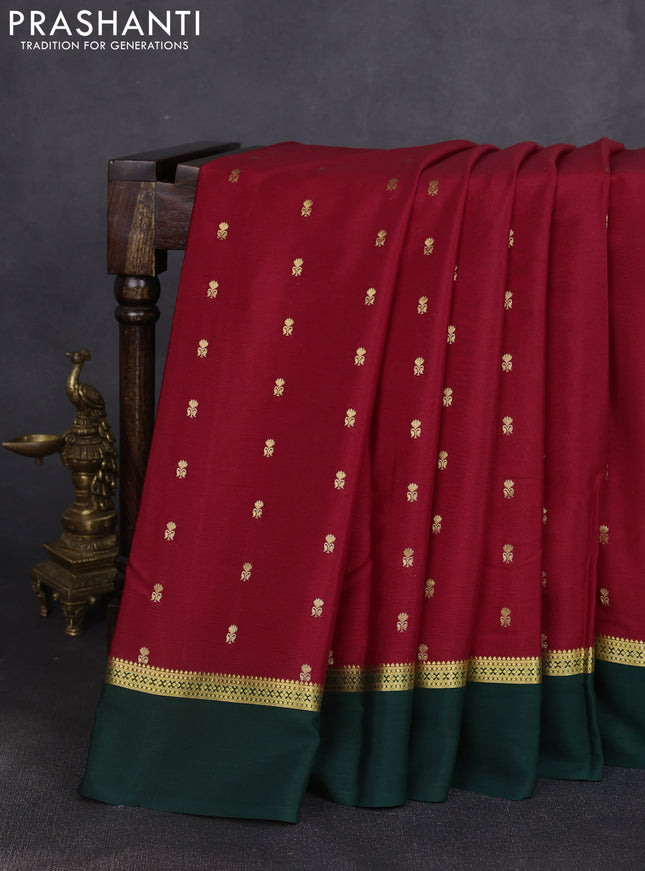 Pure mysore silk saree maroon and bottle green with allover zari woven buttas and zari woven simple border
