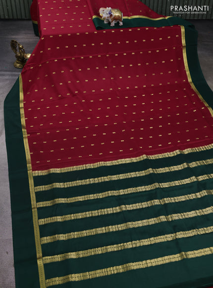 Pure mysore silk saree maroon and bottle green with allover zari woven buttas and zari woven simple border