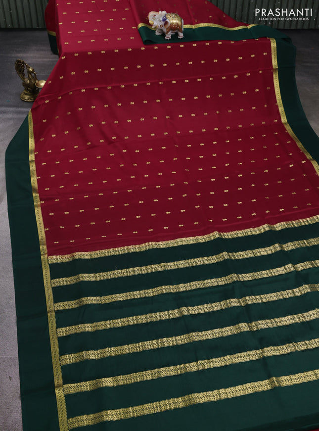 Pure mysore silk saree maroon and bottle green with allover zari woven buttas and zari woven simple border