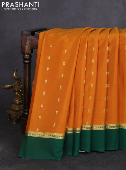 Pure mysore silk saree dark mustard and green with allover zari woven buttas and zari woven simple border