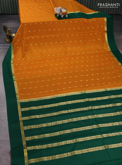 Pure mysore silk saree dark mustard and green with allover zari woven buttas and zari woven simple border