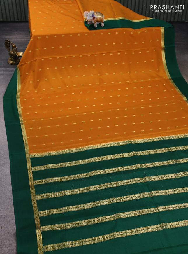 Pure mysore silk saree dark mustard and green with allover zari woven buttas and zari woven simple border