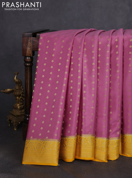 Pure mysore silk saree mauve pink and mango yellow with allover zari woven buttas and zari woven border