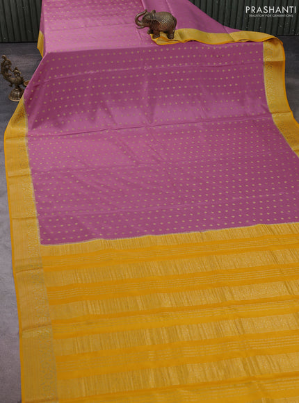 Pure mysore silk saree mauve pink and mango yellow with allover zari woven buttas and zari woven border