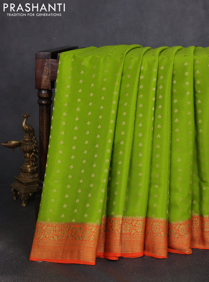 Pure mysore silk saree mehendi green and orange with allover zari woven buttas and zari woven border