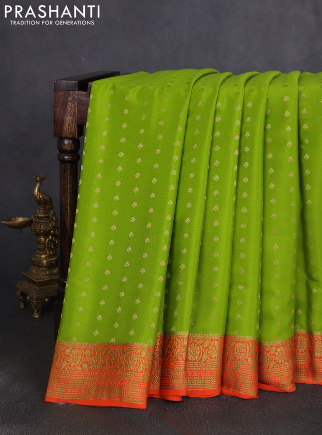 Pure mysore silk saree mehendi green and orange with allover zari woven buttas and zari woven border