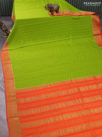 Pure mysore silk saree mehendi green and orange with allover zari woven buttas and zari woven border