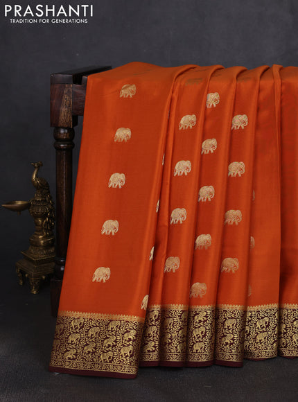 Pure mysore silk saree rustic orange and coffee brown with allover elephant zari woven buttas and zari woven border