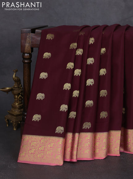 Pure mysore silk saree wine shade and peach shade with allover elephant zari woven buttas and zari woven border