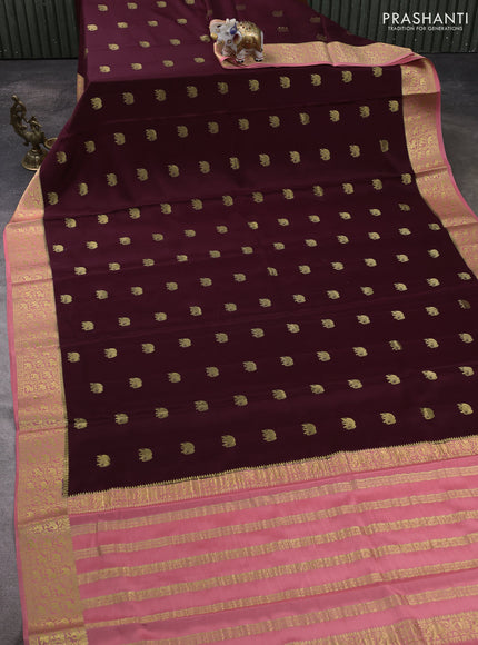 Pure mysore silk saree wine shade and peach shade with allover elephant zari woven buttas and zari woven border