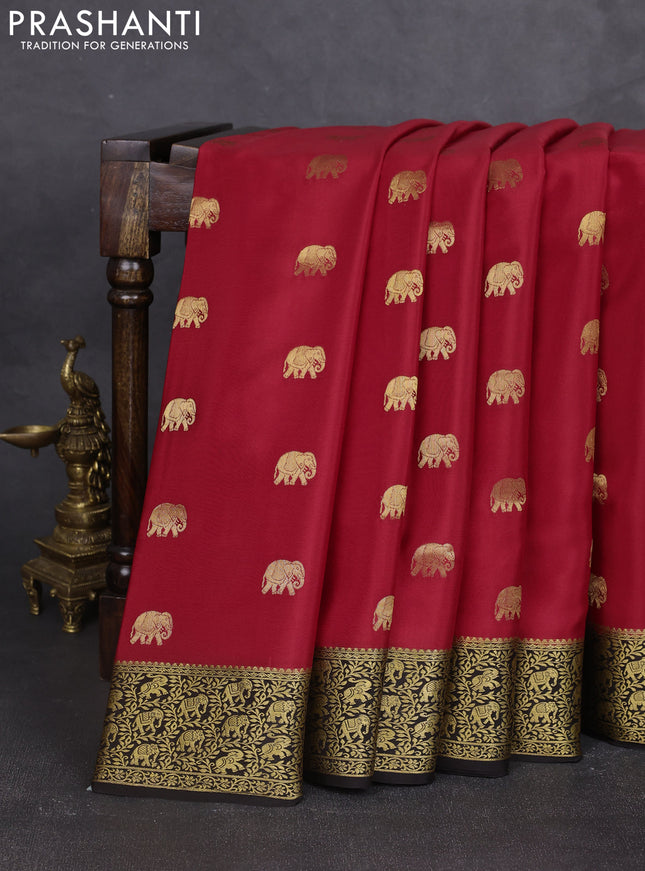 Pure mysore silk saree red and deep coffee brown with allover elephant zari woven buttas and zari woven border
