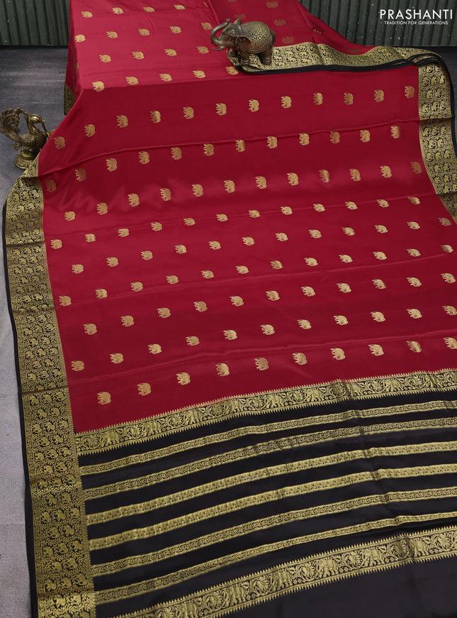 Pure mysore silk saree red and deep coffee brown with allover elephant zari woven buttas and zari woven border