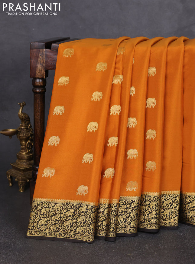 Pure mysore silk saree dark mustard and deep coffee brown with allover elephant zari woven buttas and zari woven border
