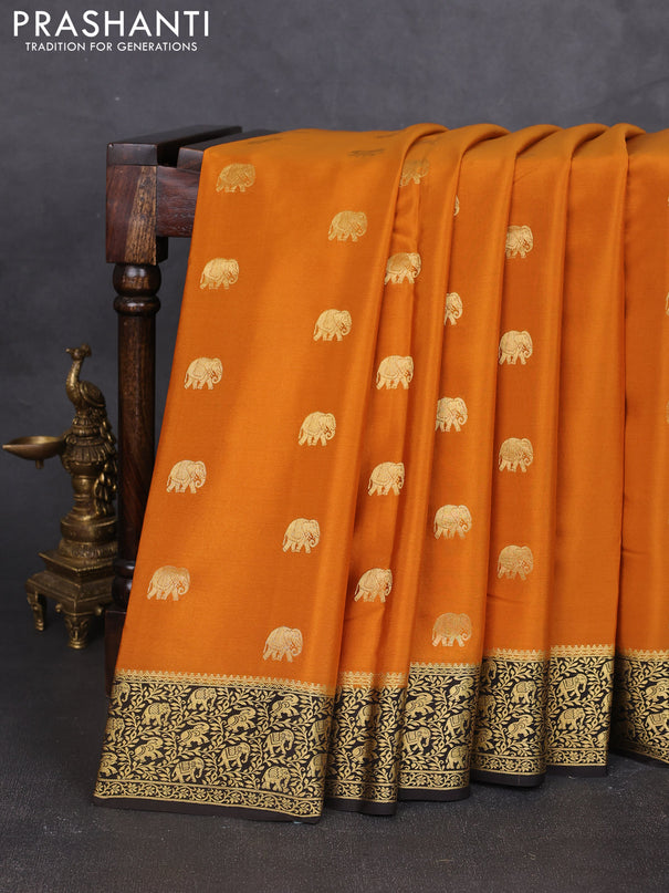 Pure mysore silk saree dark mustard and deep coffee brown with allover elephant zari woven buttas and zari woven border