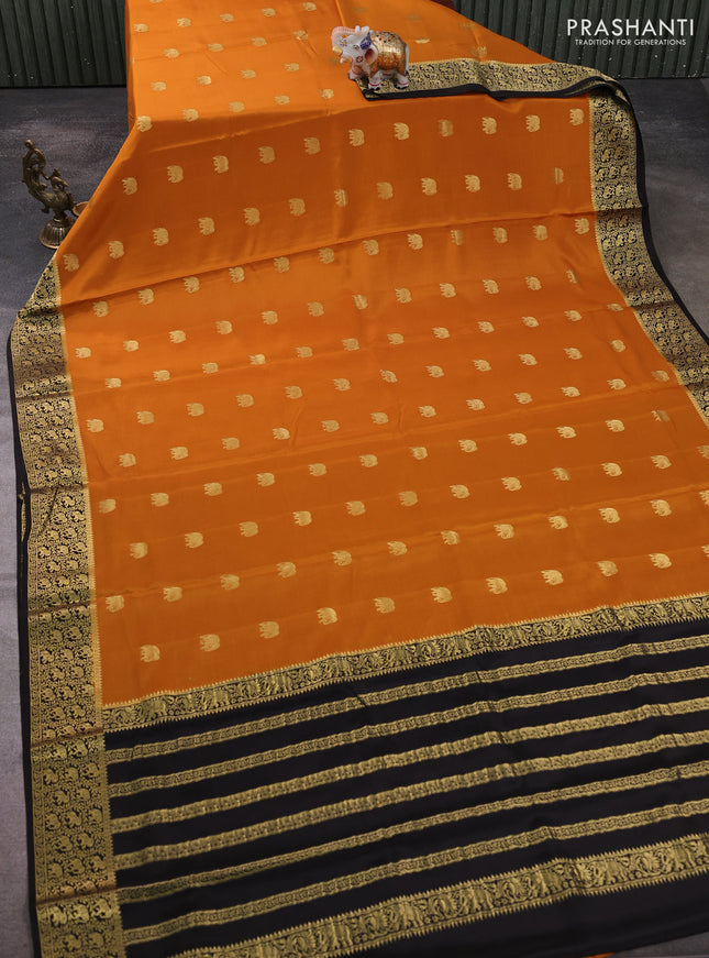 Pure mysore silk saree dark mustard and deep coffee brown with allover elephant zari woven buttas and zari woven border