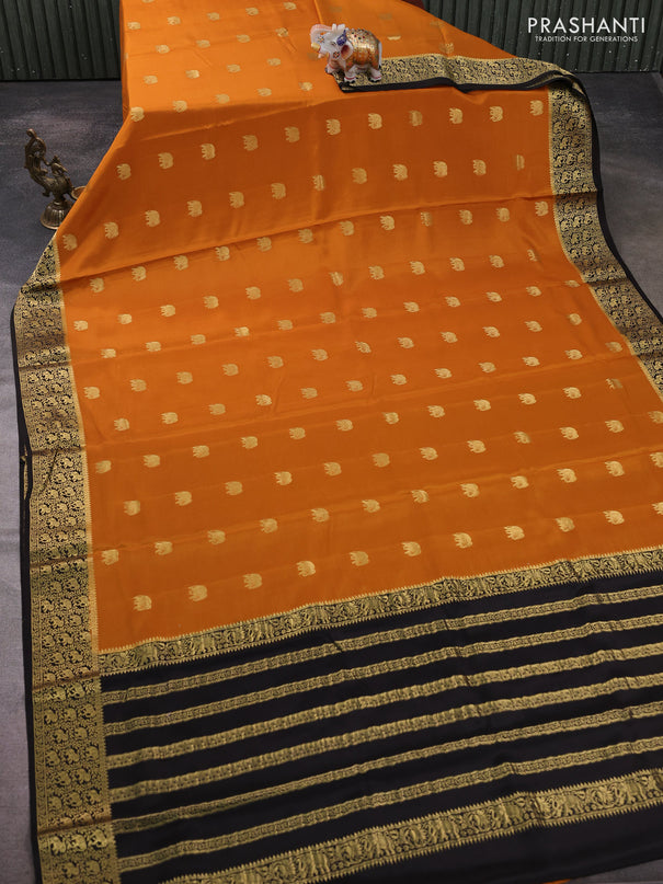 Pure mysore silk saree dark mustard and deep coffee brown with allover elephant zari woven buttas and zari woven border