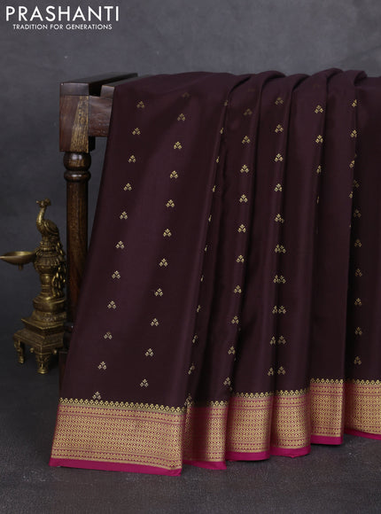 Pure mysore silk saree coffee brown and dark pink with allover zari woven buttas and zari woven border