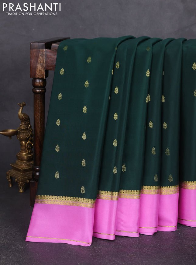 Pure mysore silk saree bottle green and light pink with allover zari woven buttas and rettapet zari woven border
