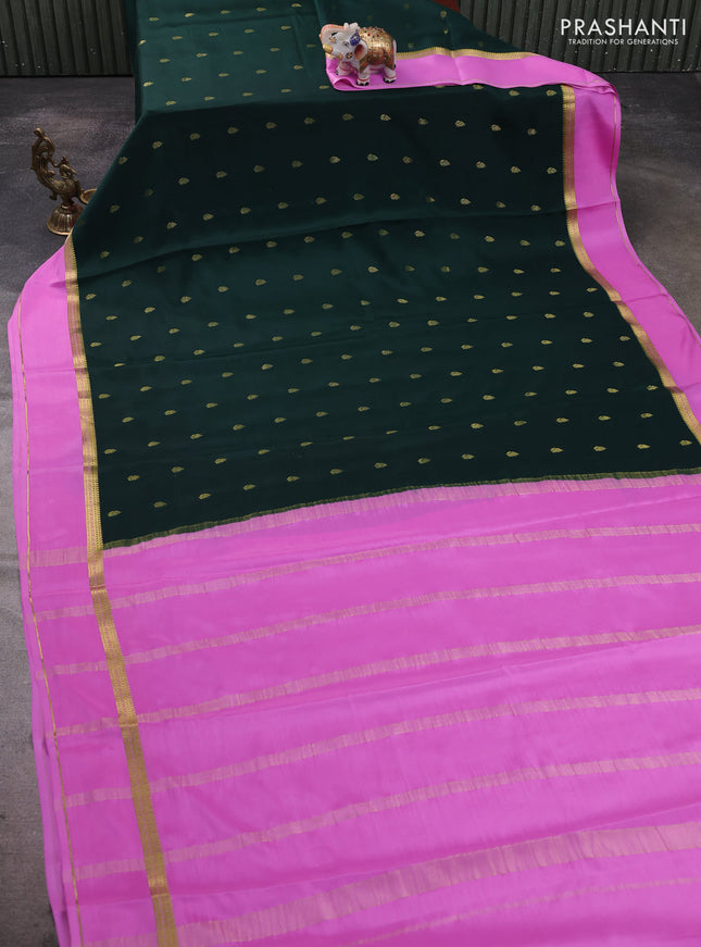 Pure mysore silk saree bottle green and light pink with allover zari woven buttas and rettapet zari woven border