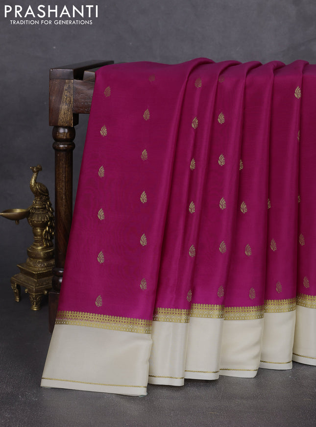 Pure mysore silk saree dark pink and cream with allover zari woven buttas and rettapet zari woven border