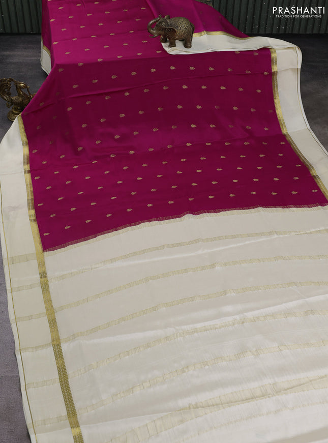 Pure mysore silk saree dark pink and cream with allover zari woven buttas and rettapet zari woven border