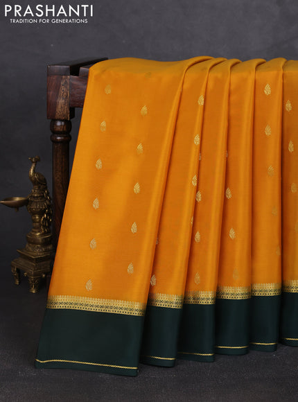 Pure mysore silk saree mustard yellow and bottle green with allover zari woven buttas and rettapet zari woven border