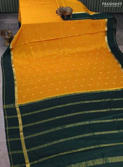 Pure mysore silk saree mustard yellow and bottle green with allover zari woven buttas and rettapet zari woven border