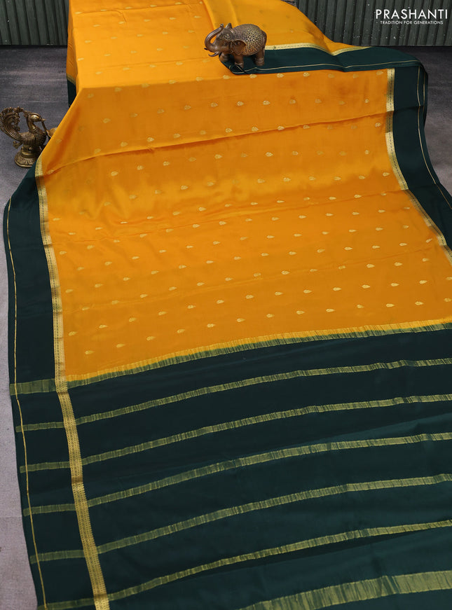 Pure mysore silk saree mustard yellow and bottle green with allover zari woven buttas and rettapet zari woven border