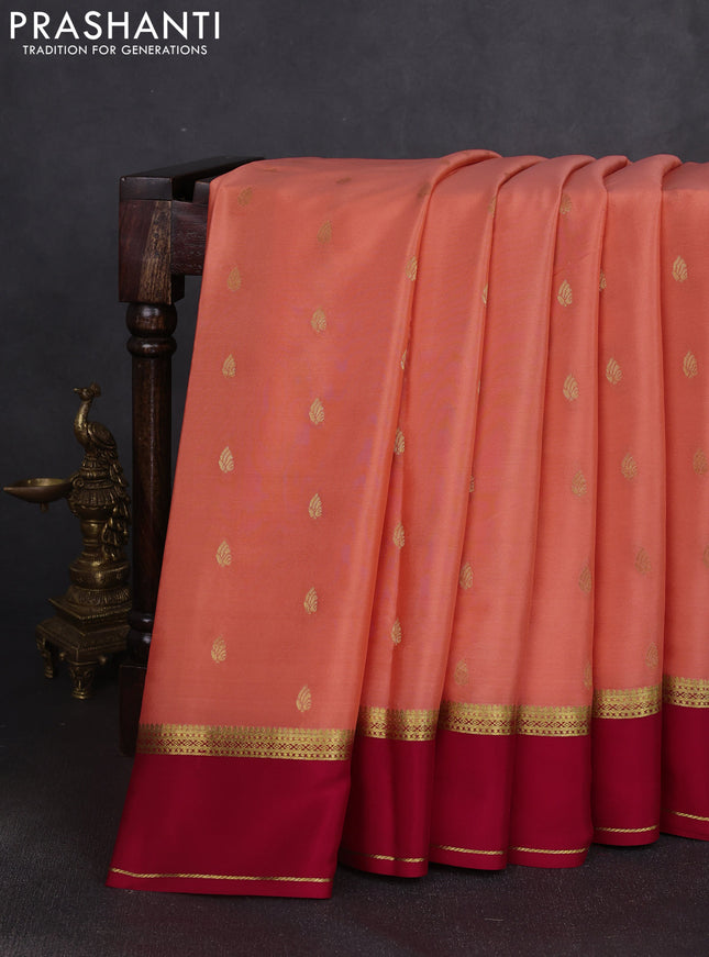 Pure mysore silk saree peach orange and red with allover zari woven buttas and rettapet zari woven border