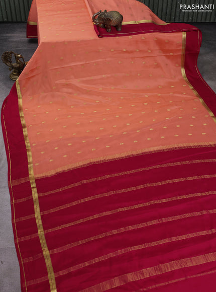 Pure mysore silk saree peach orange and red with allover zari woven buttas and rettapet zari woven border