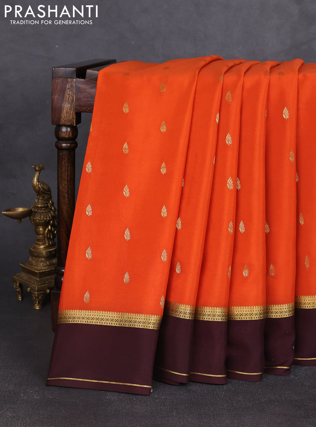 Pure mysore silk saree rustic orange and coffee brown with zari woven buttas and rettapet zari woven border