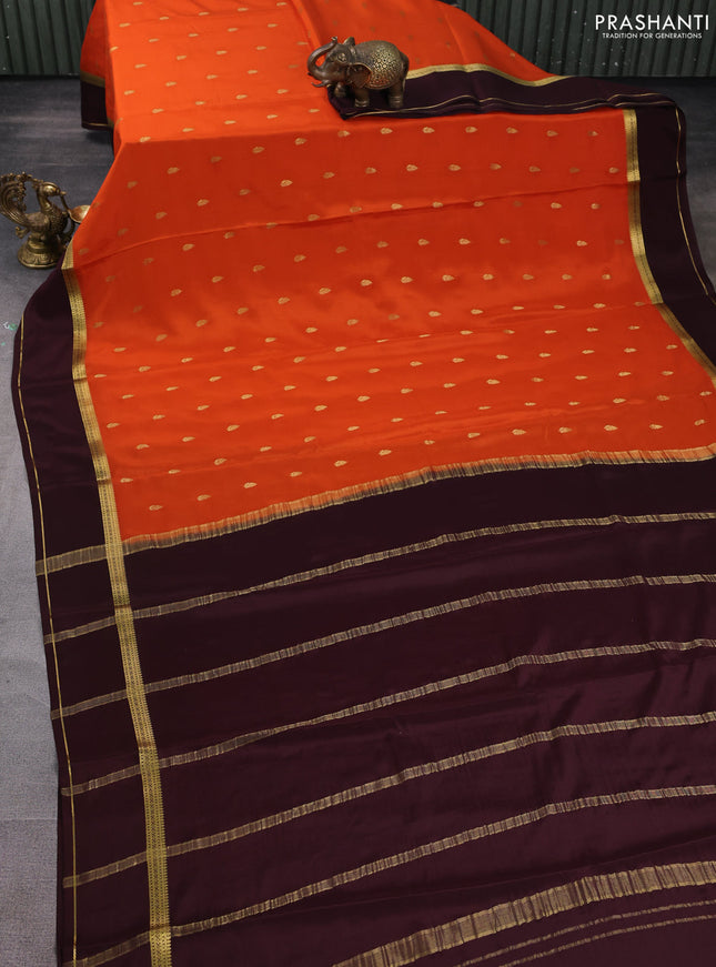 Pure mysore silk saree rustic orange and coffee brown with zari woven buttas and rettapet zari woven border