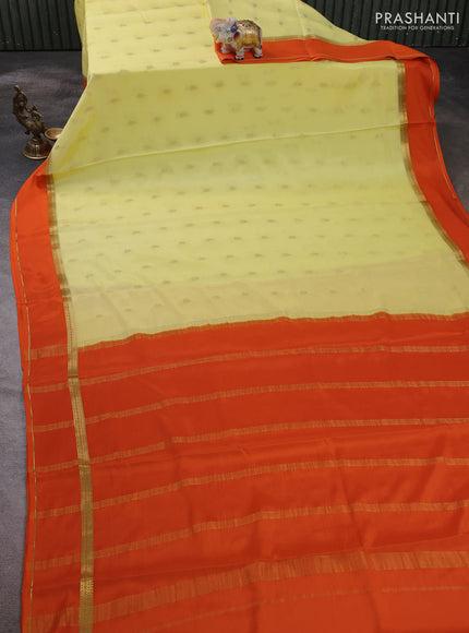 Pure mysore silk saree pale yellow and orange with zari woven buttas and rettapet zari woven border