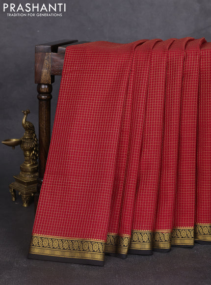 Pure mysore silk saree red and black with allover small zari woven checked pattern and zari woven border