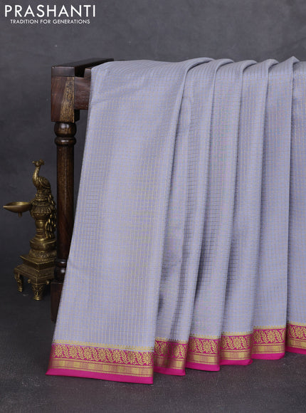 Pure mysore silk saree grey and pink with allover small zari woven checked pattern and zari woven border