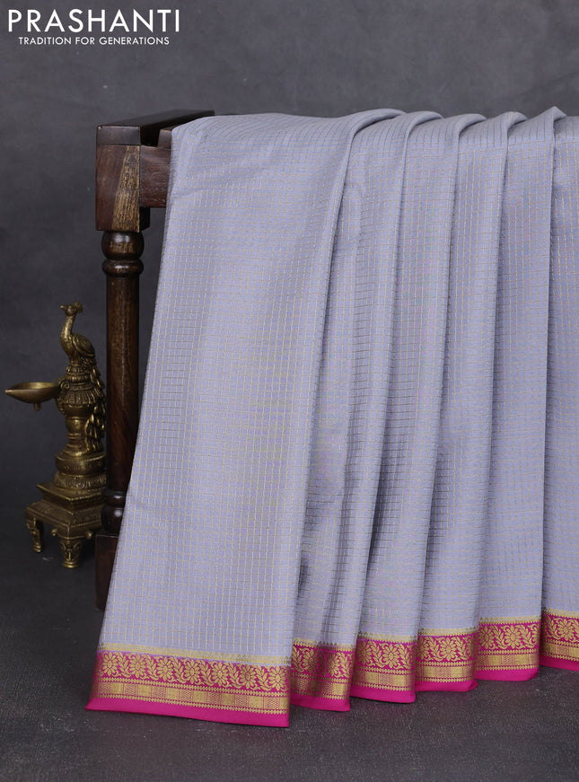 Pure mysore silk saree grey and pink with allover small zari woven checked pattern and zari woven border